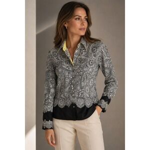 Robert Graham Button Shirt Womens Medium Black White Paisley Lace Contrast Color